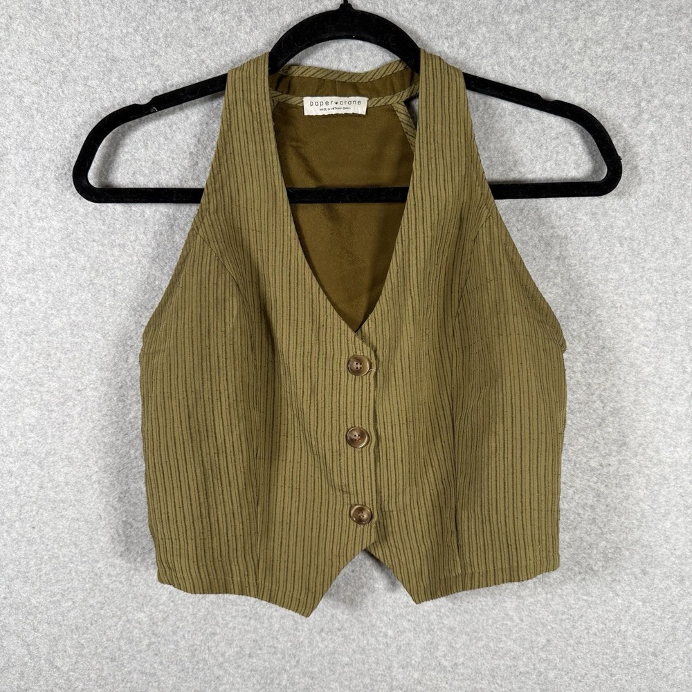 Paper crane vest womens small green striped‎ cropped button front